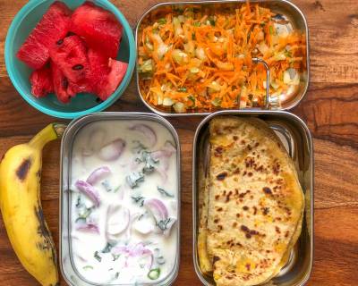 Lunch Box Recipes: Mooli Paneer Paratha,  Onion Raita & Carrot Salad
