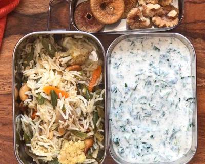Kids Lunch Box Recipes: Maharashtrian Masale Baath, Methi Raita & Nuts