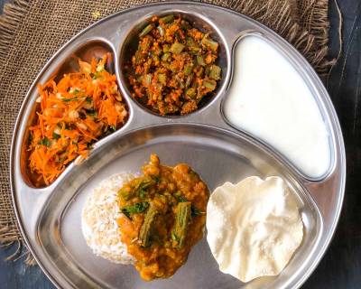 Portion Control Meal Plate:Drumstick Dal,Goru Chikkudukaya,Rice Quinoa,Vadam,Salad & Curd