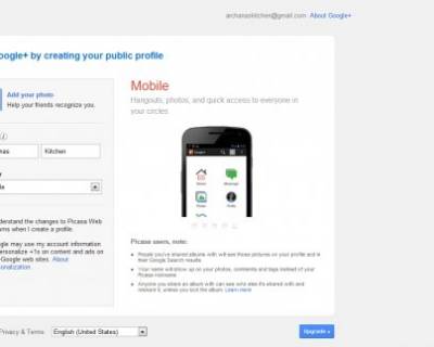 Screen Shot for Creating Google Plus Account for the Hangout Online Cooking Classes