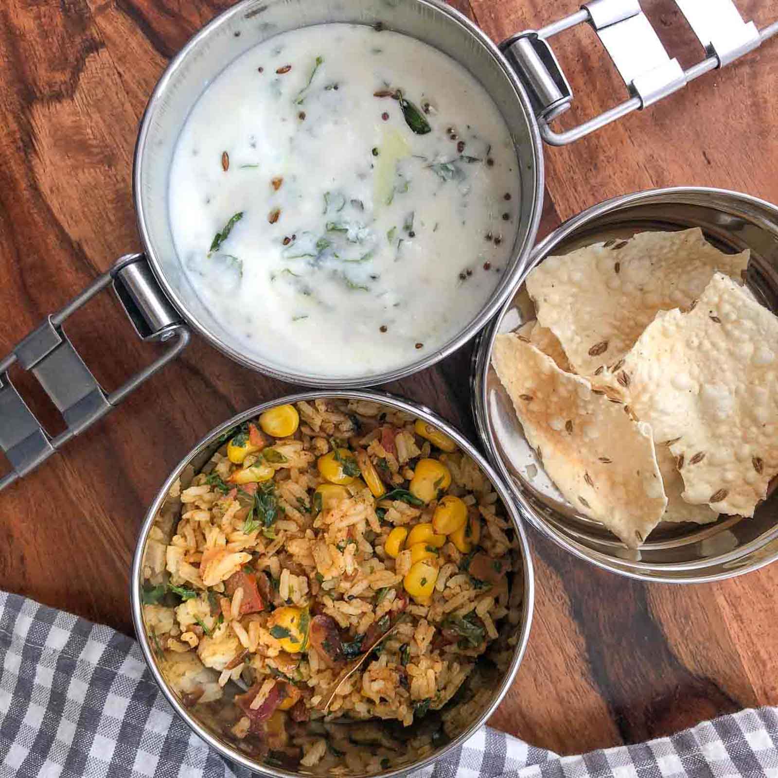 Lunch Box Ideas: Sweet Corn, Methi & Tomato Rice, Palak Raita And Papad ...