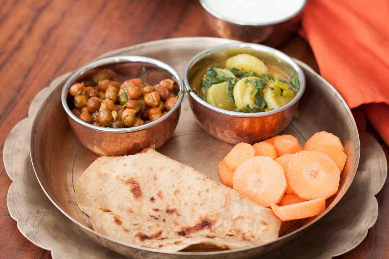 Everyday Meal Plate Kala Chana Mooli Palak Tawa Paratha Carrots 1