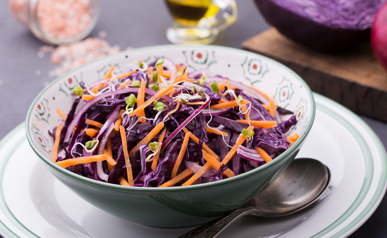 Red Cabbage Carrot, Sprout And Onion Salad Recipe