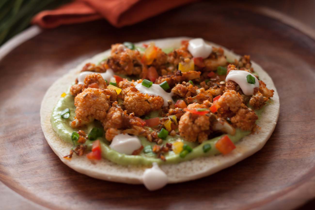 Pita Topped With Oven Roasted Cauliflower, Basil Avocado Sauce Recipe