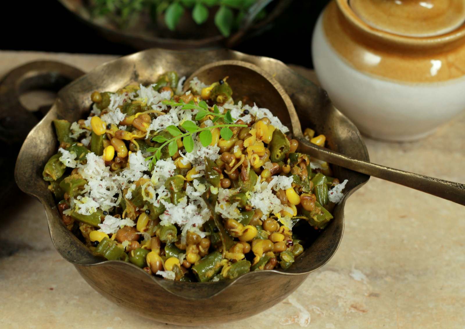 Beans and Matki Bhaji Maharashtrian style curry made with green beans and sprouted moth beans