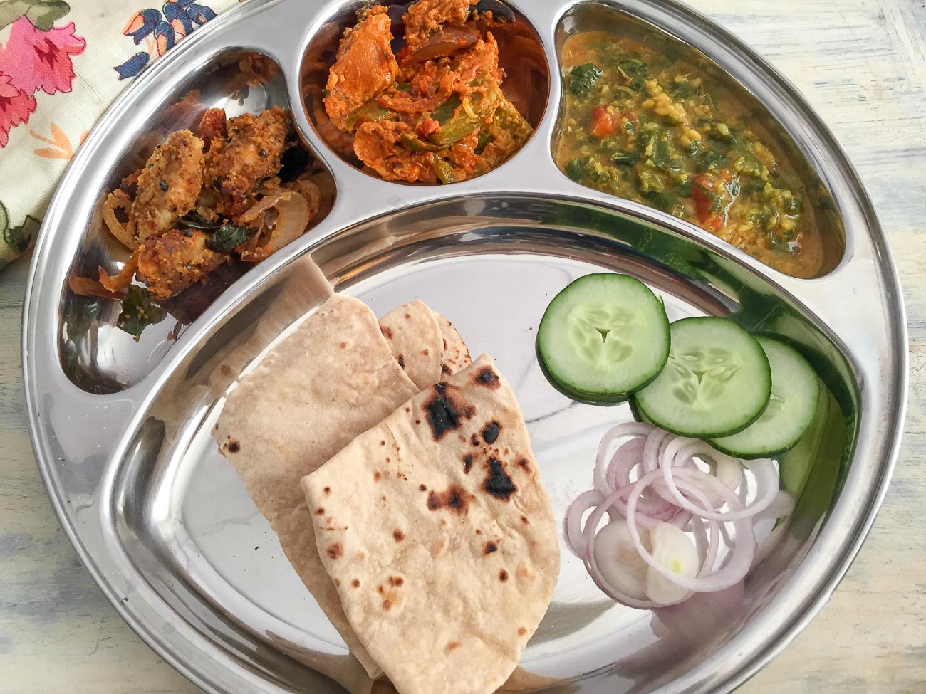 Portion Control Meal Plate: Chepa Vepadu, Kadai Chicken, Dal Palak And ...