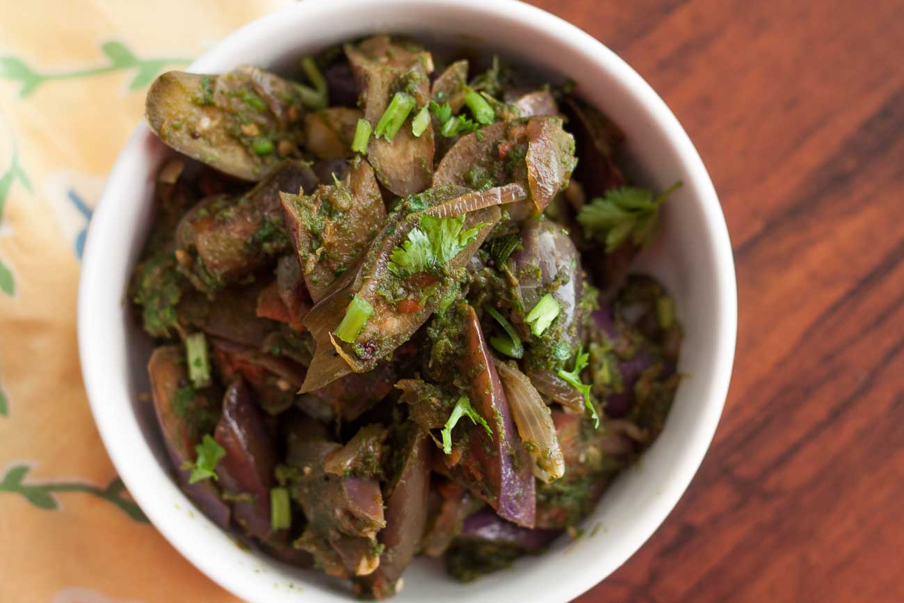 Andhra Style Vankaya Kothimeera Karam Recipe - Brinjal Cooked With Spicy Coriander Mix Recipe