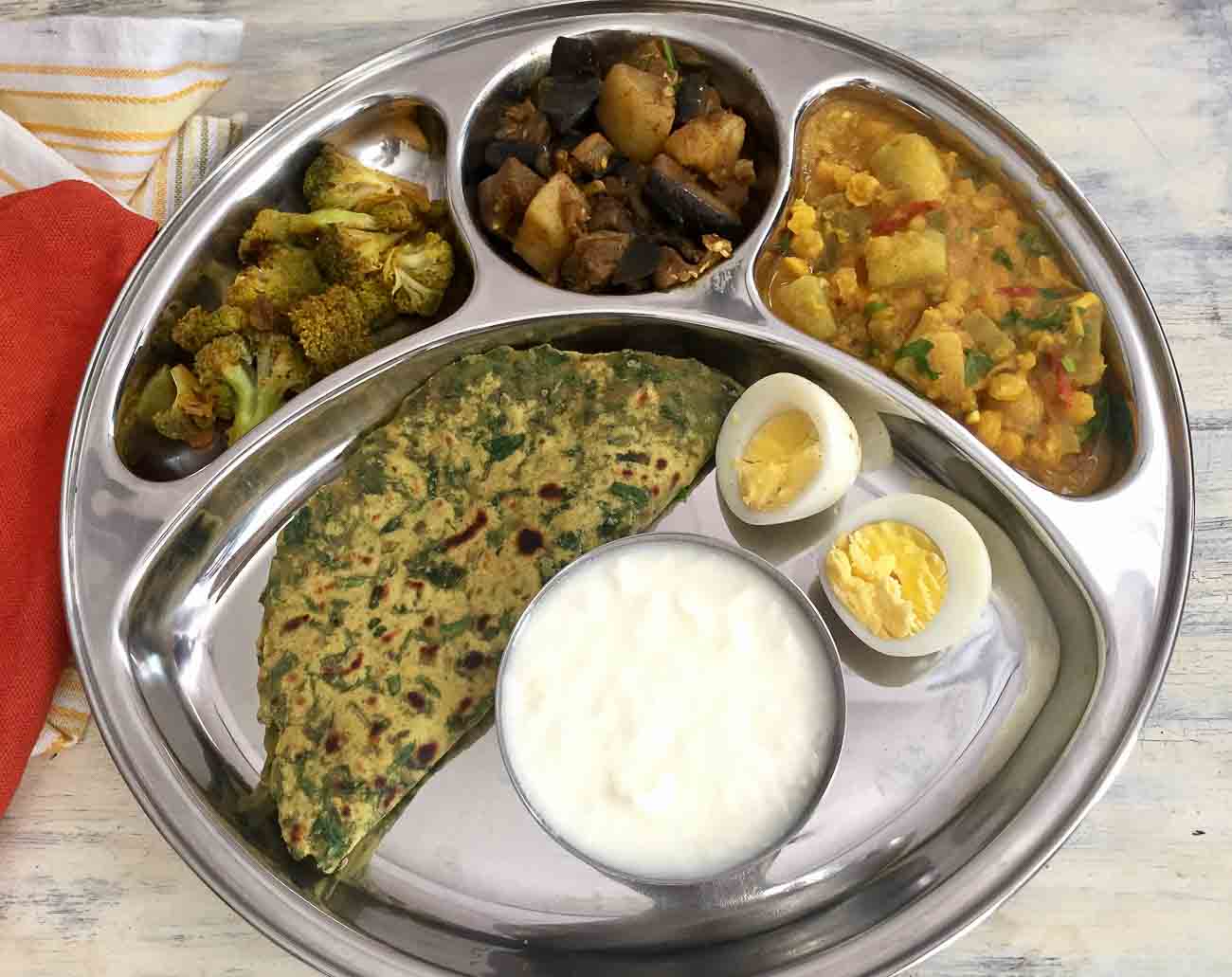 Portion Control Meal Plate: Lauki Chana Dal, Aloo Baingan Subzi, Broccoli  Stir Fry & More by Archanas Kitchen
