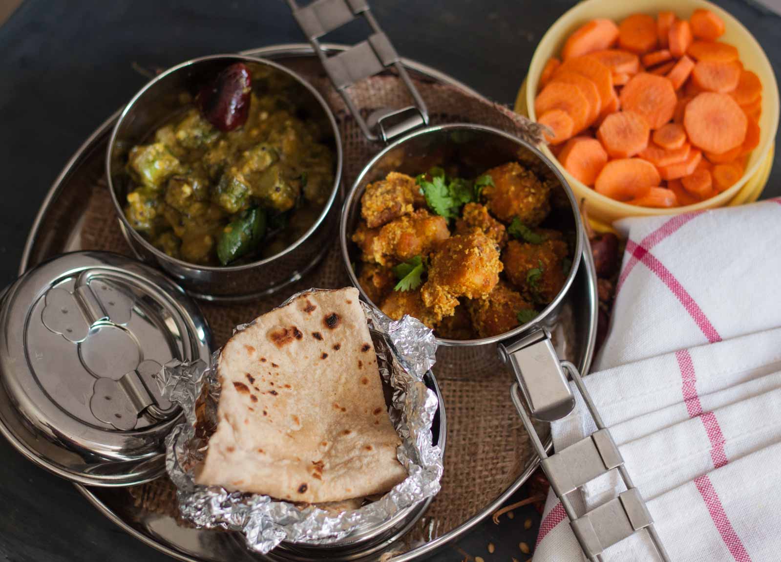 Lunch Box Ideas:Kela Besani Sabzi, Bendekayi Gojju, Phulka and Carrots ...