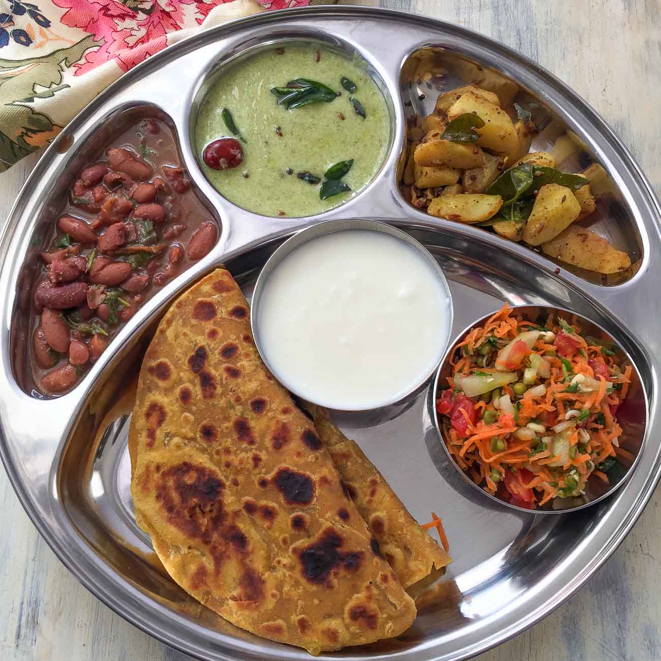 Portion Control Meal Plate Rajma Masala Palak Kadhi Singhare Ki