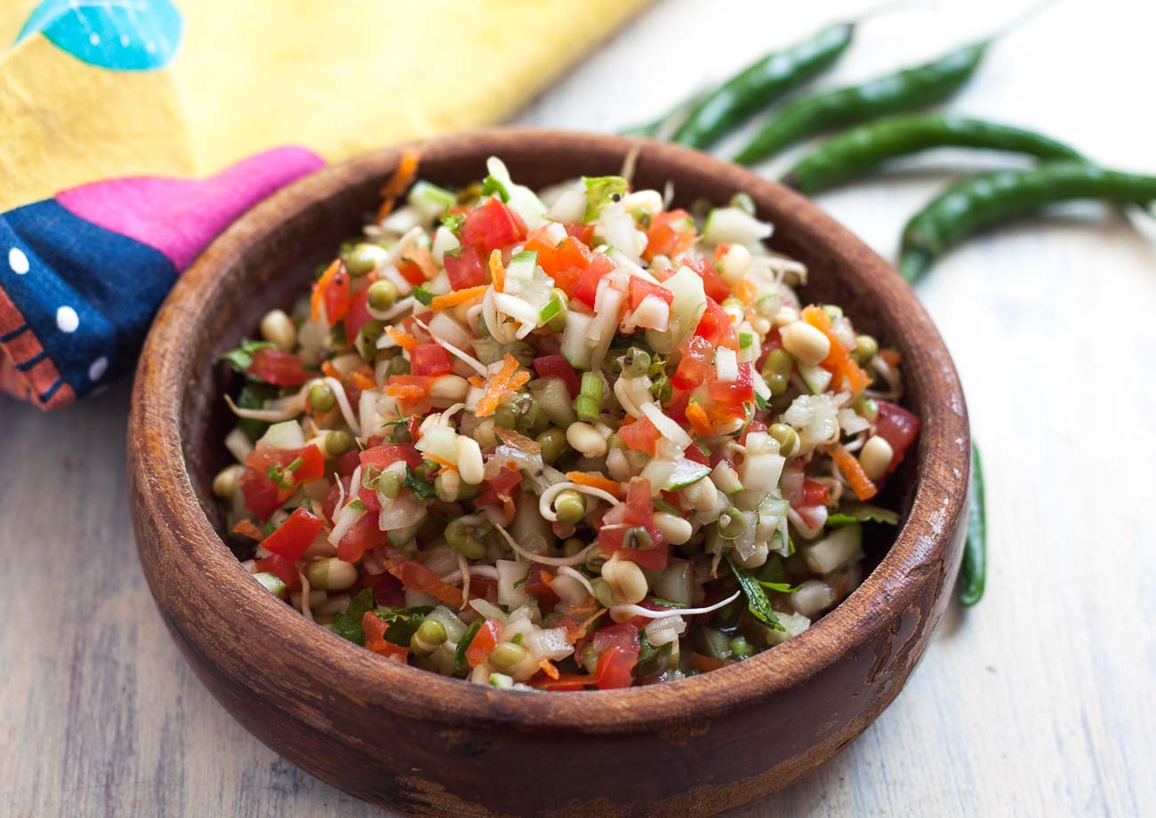 South Indian Style Green Moong Sprouts, Raw Mango Salad Recipe