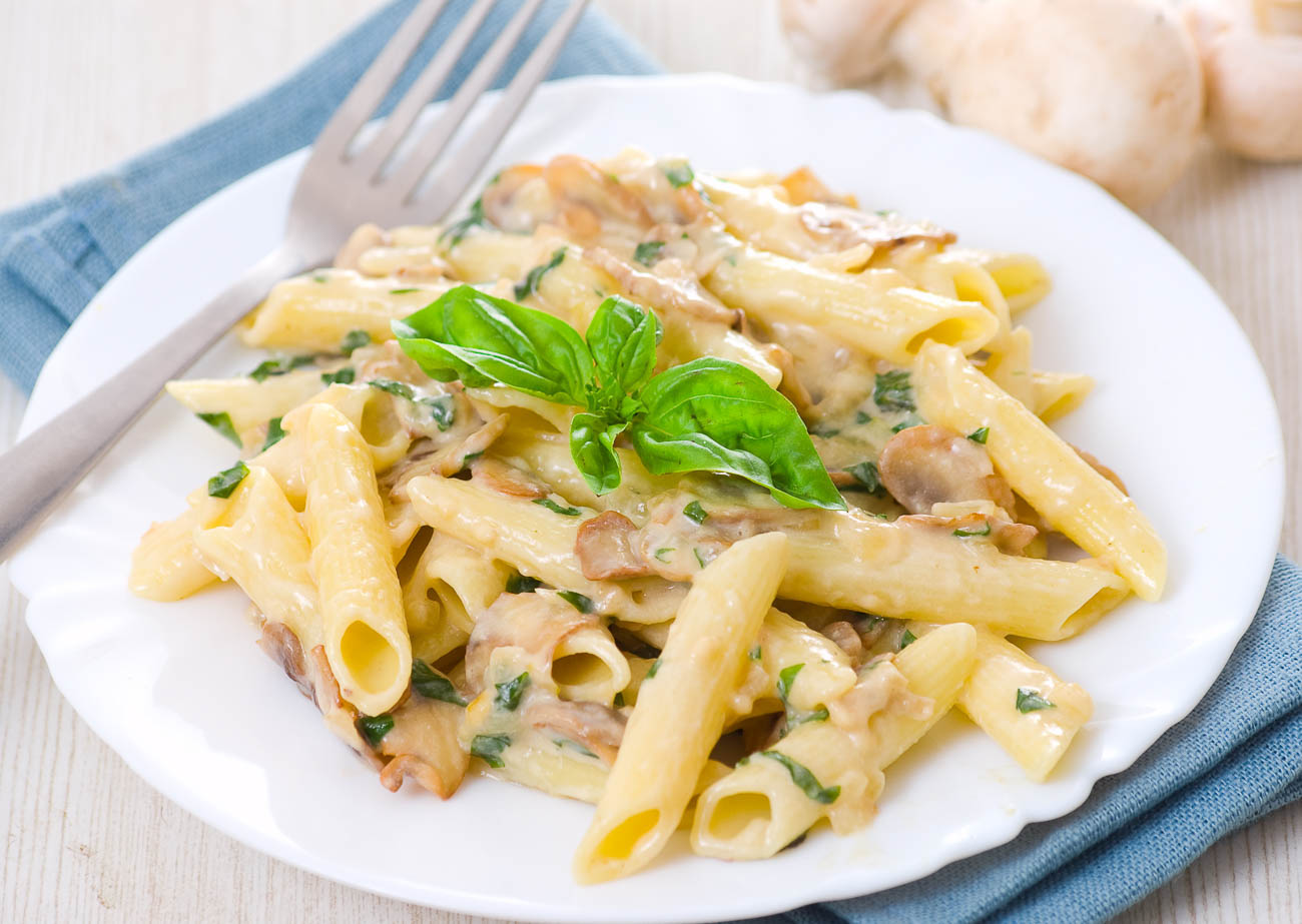 Penne Pasta Recipe In Alfredo Sauce With Roasted Mushrooms