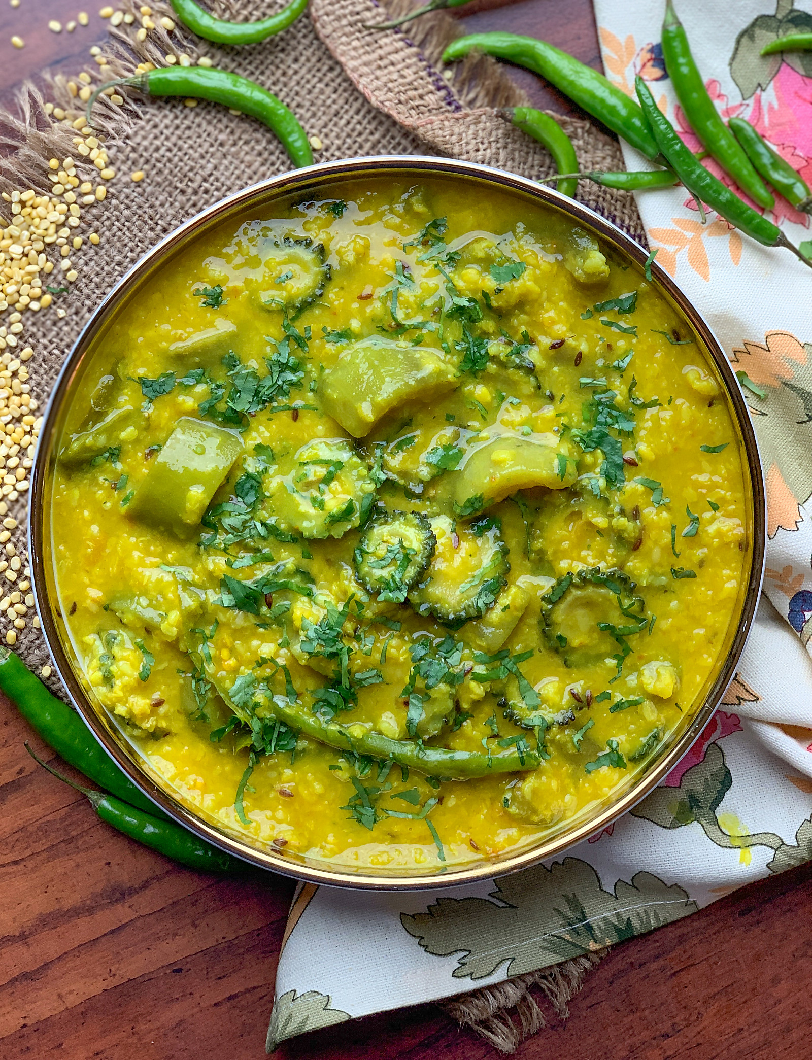 Bengali Lau Die Tetor Dal Recipe - Yellow Moong Dal With Bitter Gourd & Bottle Gourd