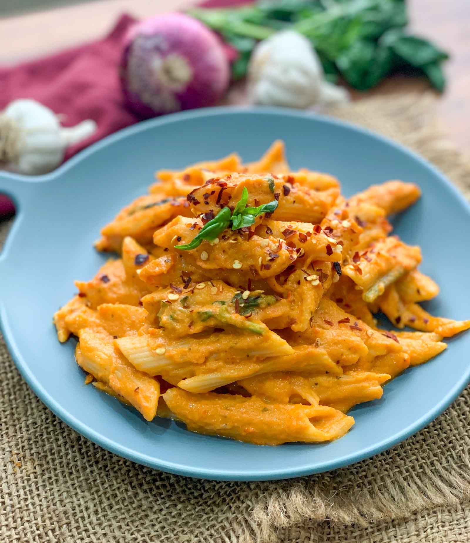 Pasta in Roasted Carrot & Red Pepper Sauce by Archana's Kitchen