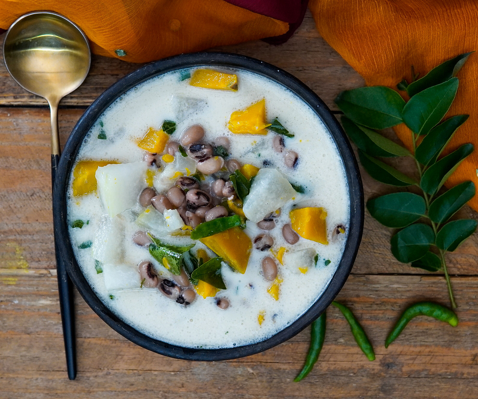Kerala Olan Recipe with Pumpkin and Black Eyed Beans - Coconut Milk Vegetable Stew