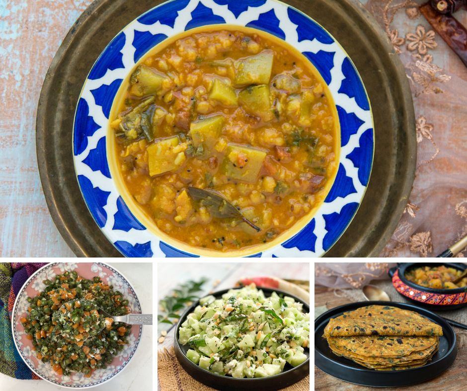 A Perfect Balanced Indian Meal: Khatti Meethi Lauki Dal, Carrot and Beans  Poriyal, Thepla, Millet Quinoa Rice, and Khamang Kakdi by Archanas Kitchen