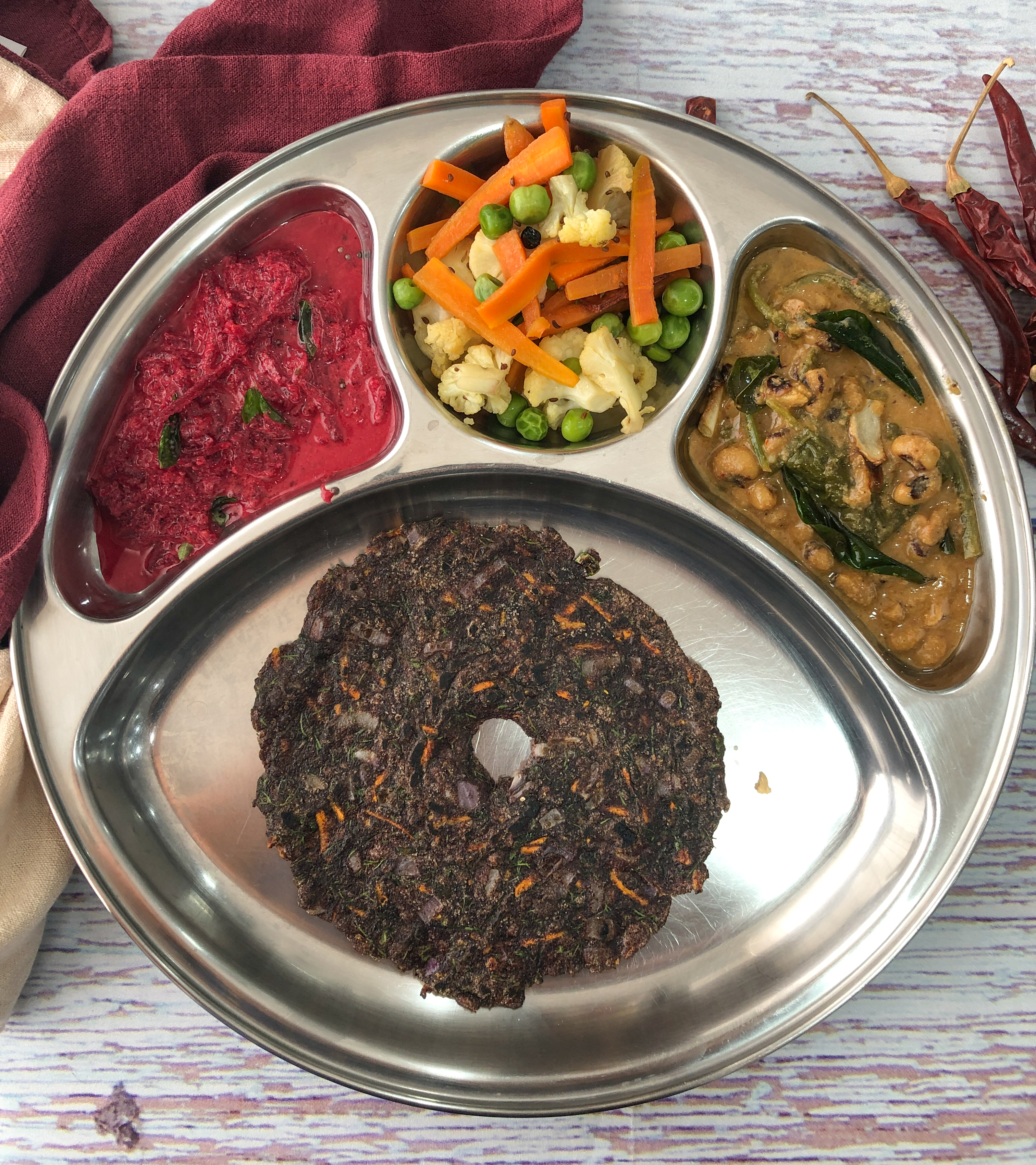 Portion Control Meal Plate Ragi Masala Roti Palak Lobia Curry Beetroot Raita Cauliflower peas Carrot Sabzi 2