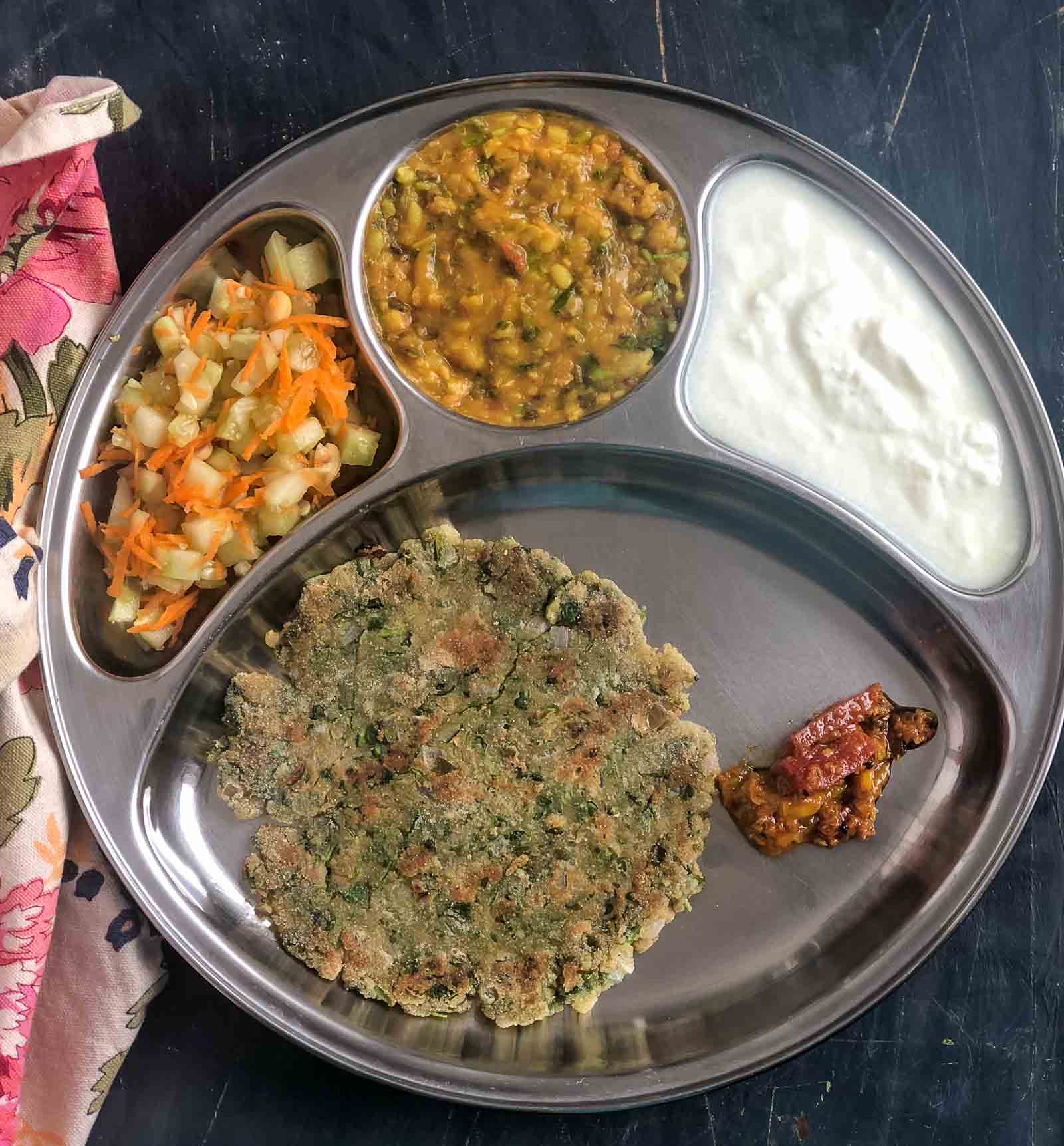 Portion Control Meal Plate Sindhi Tridali Dal Jowar Doda Salad Dahi Achaar By Archana S Kitchen
