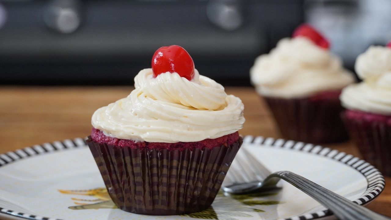 Strawberry Red Velvet Cupcake with Cream Cheese Frosting Made From Archana's Kitchen Eggless Strawberry Velvet Cake Mix