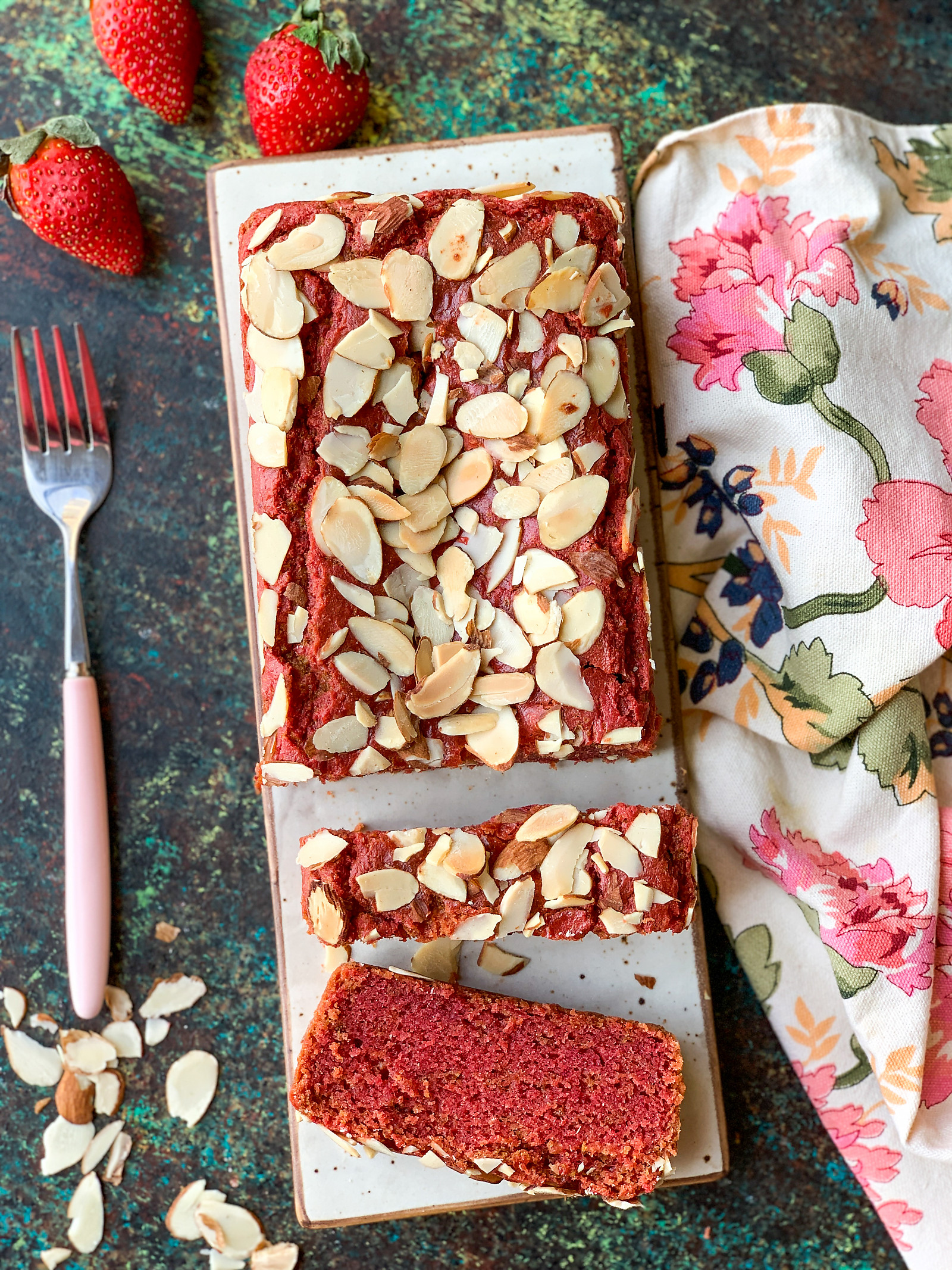 Strawberry Almond Loaf Cake Made From Archana's Kitchen Eggless Strawberry Velvet Cake Mix