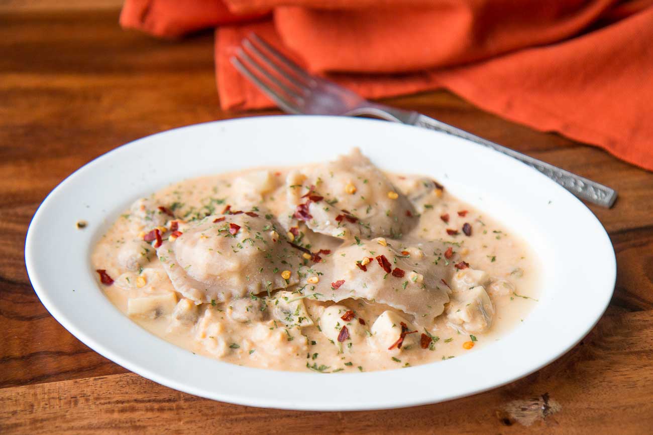 Whole Wheat Ravioli with Paneer & Creamy Mushroom Oat Sauce Recipe