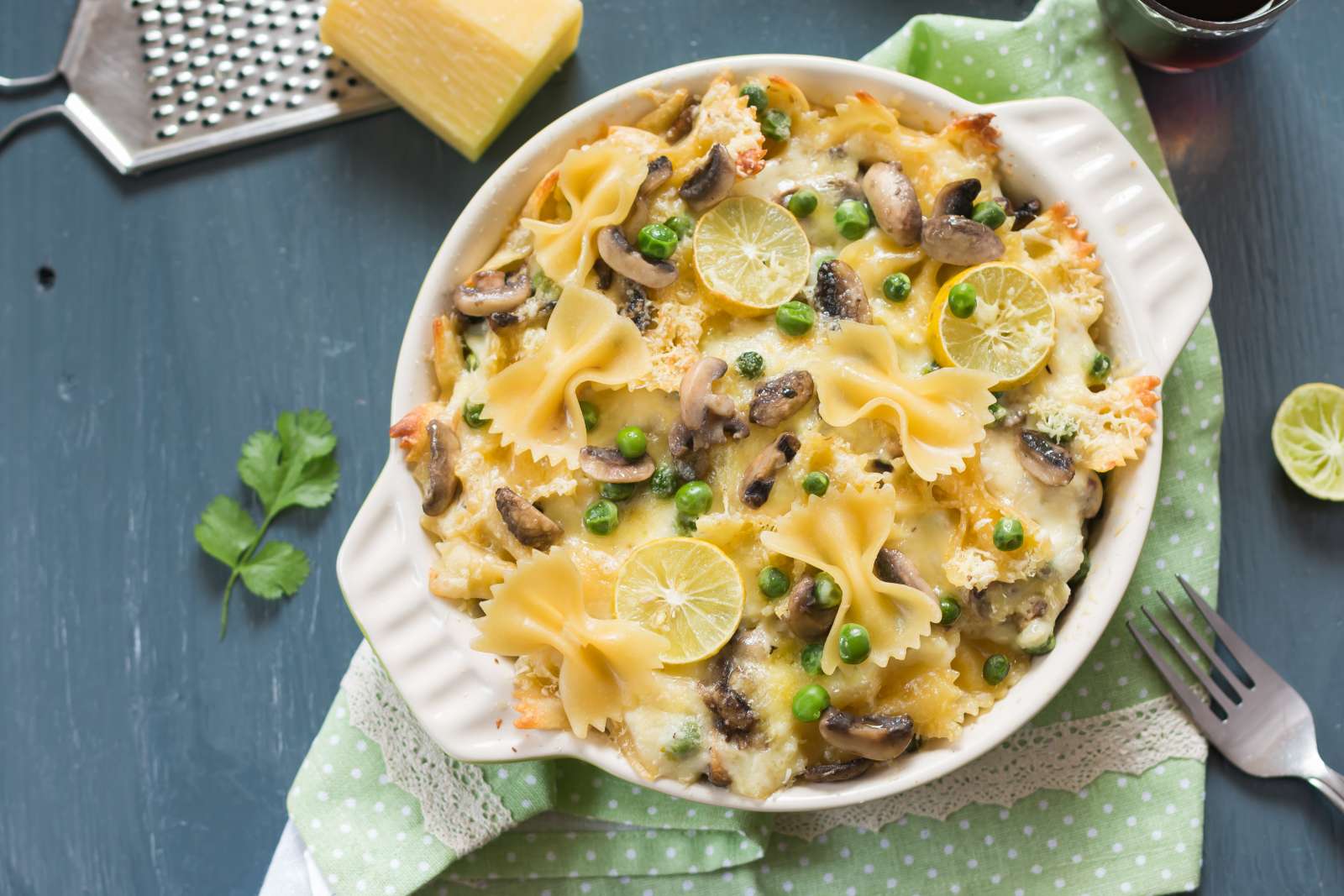 Baked Farfalle Pasta with Mushrooms Peas and Lemon White Sauce