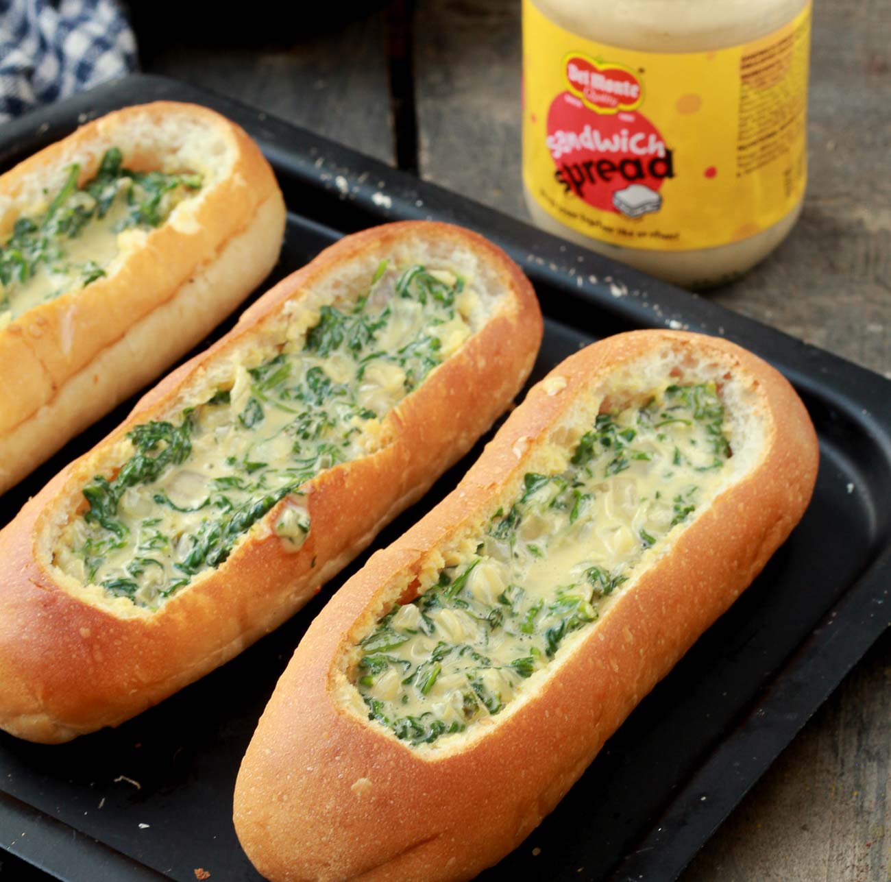 2 Step Bread boats filled with spinach eggs Del Monte Sandwich spread 2