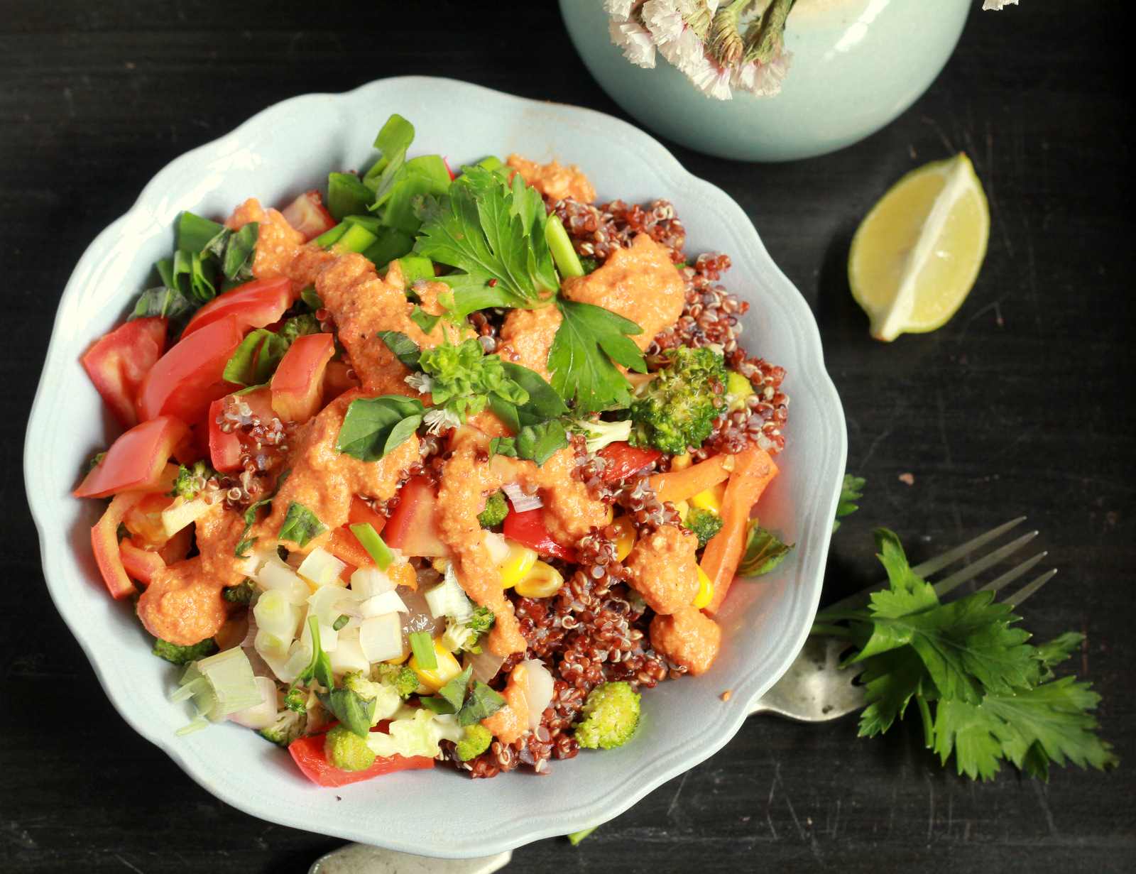 Mediterranean Quinoa Bowl Recipe With Red Bell Pepper Sauce