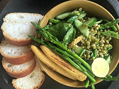 Baby Corn Cucumber And Sprouts Salad With Lemon Basil Dressing By