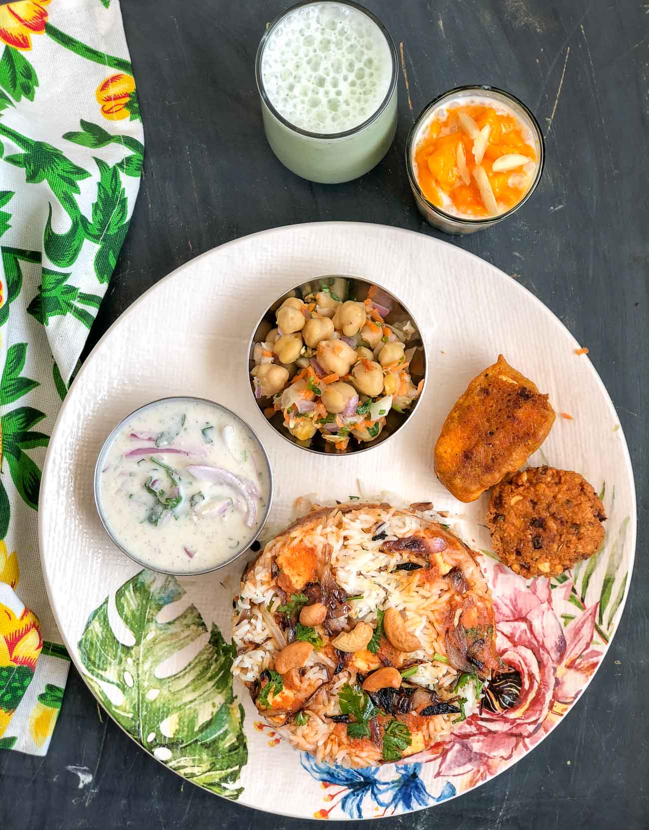 Try This Delectable Dinner Menu Paneer Butter Masala Biryani Onion Raita Kalmi Vada Chickpea Salad Pudina Lassi Mango Kheer By Archana S Kitchen