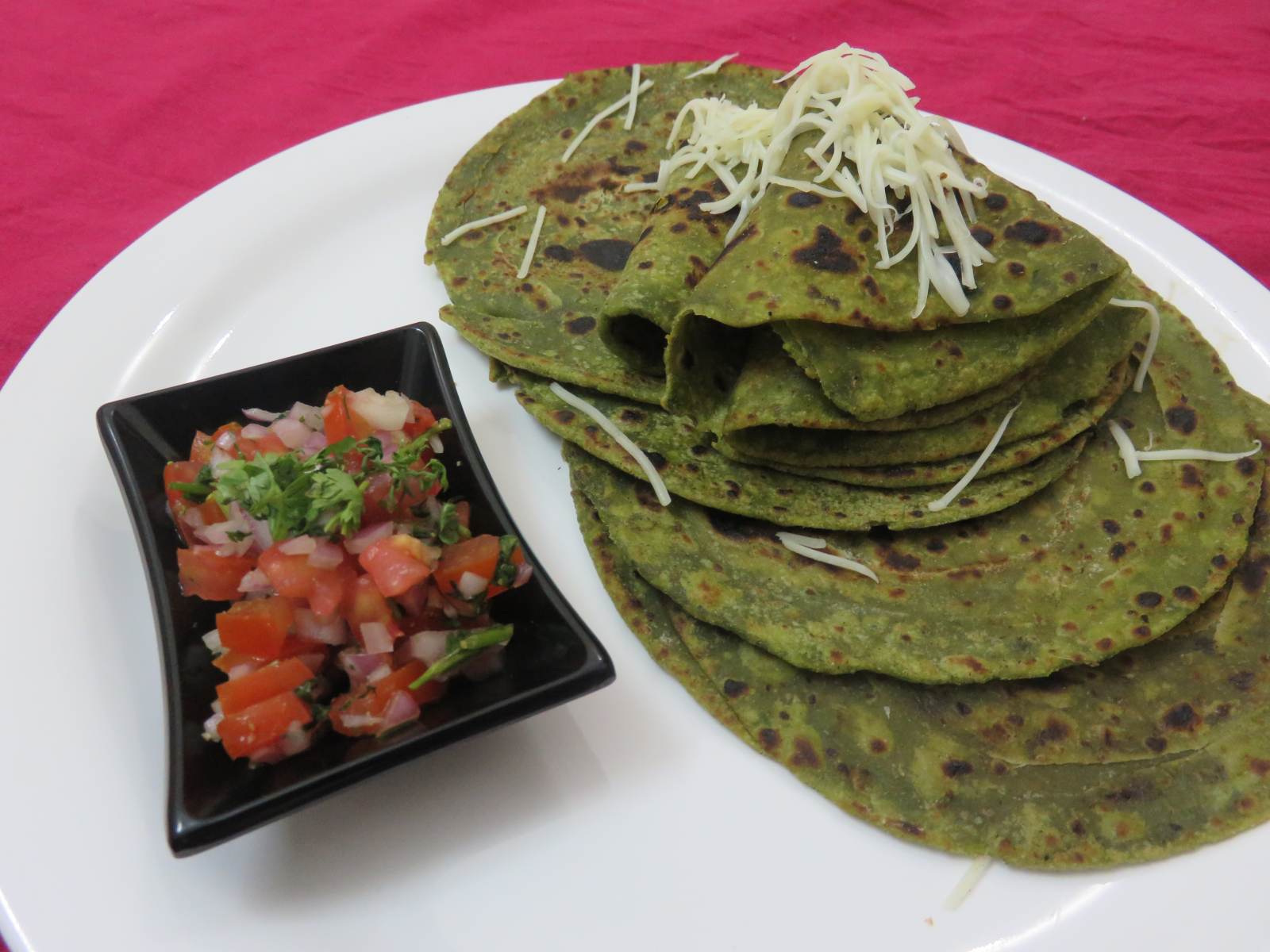 Fusion Spinach Parathas With Onion Tomato Salsa Recipe