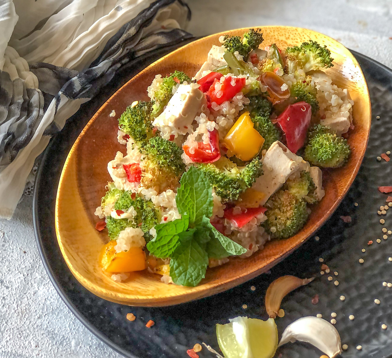 Roasted Broccoli Tofu & Quinoa Salad Recipe with Lemon Garlic Dressing 