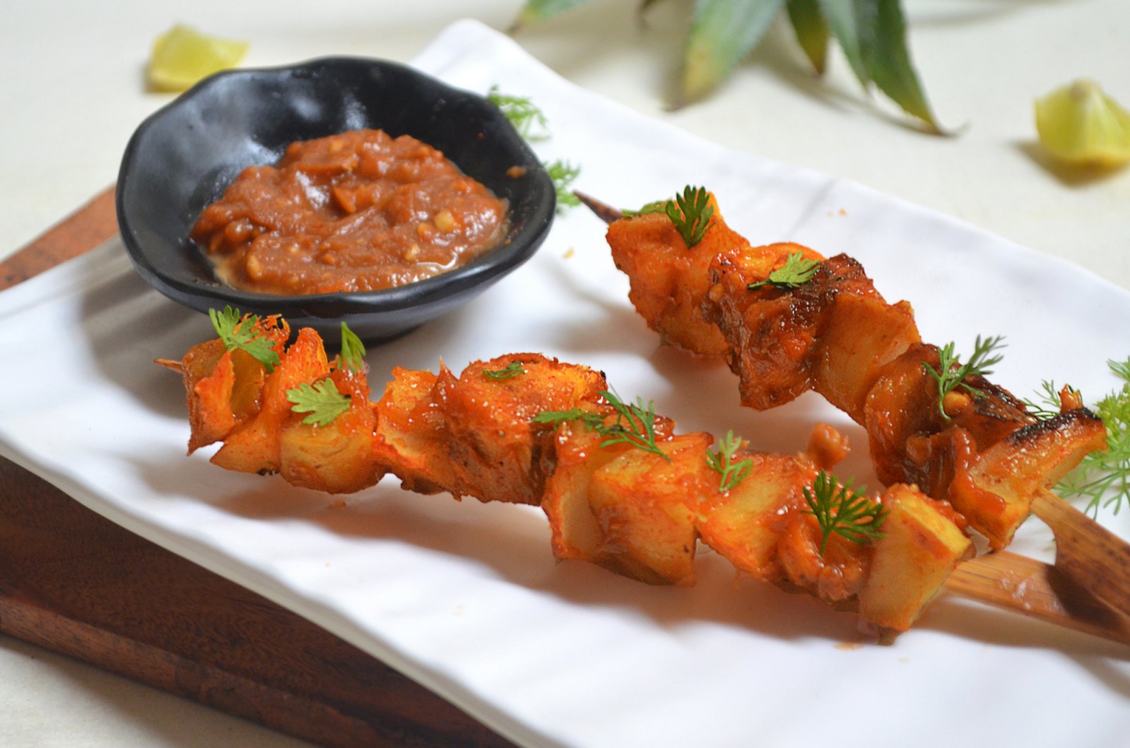 Sweet Potato Pineapple Skewers In Spicy Sweetish Peanut Dip Recipe