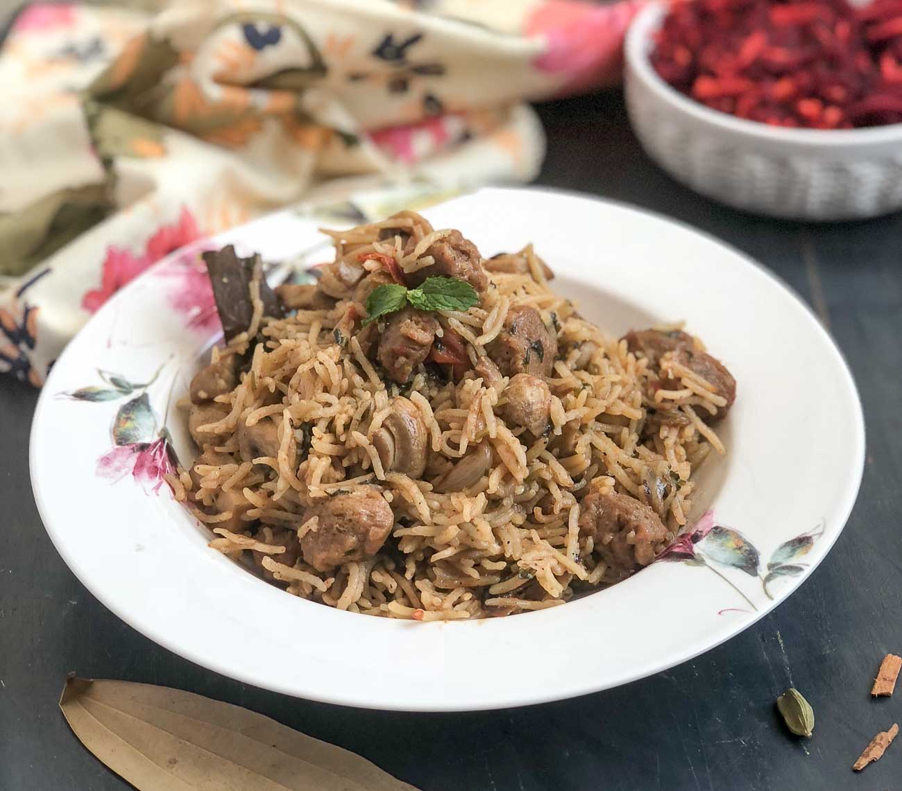 Pudina Mushroom And Soya Biryani Recipe