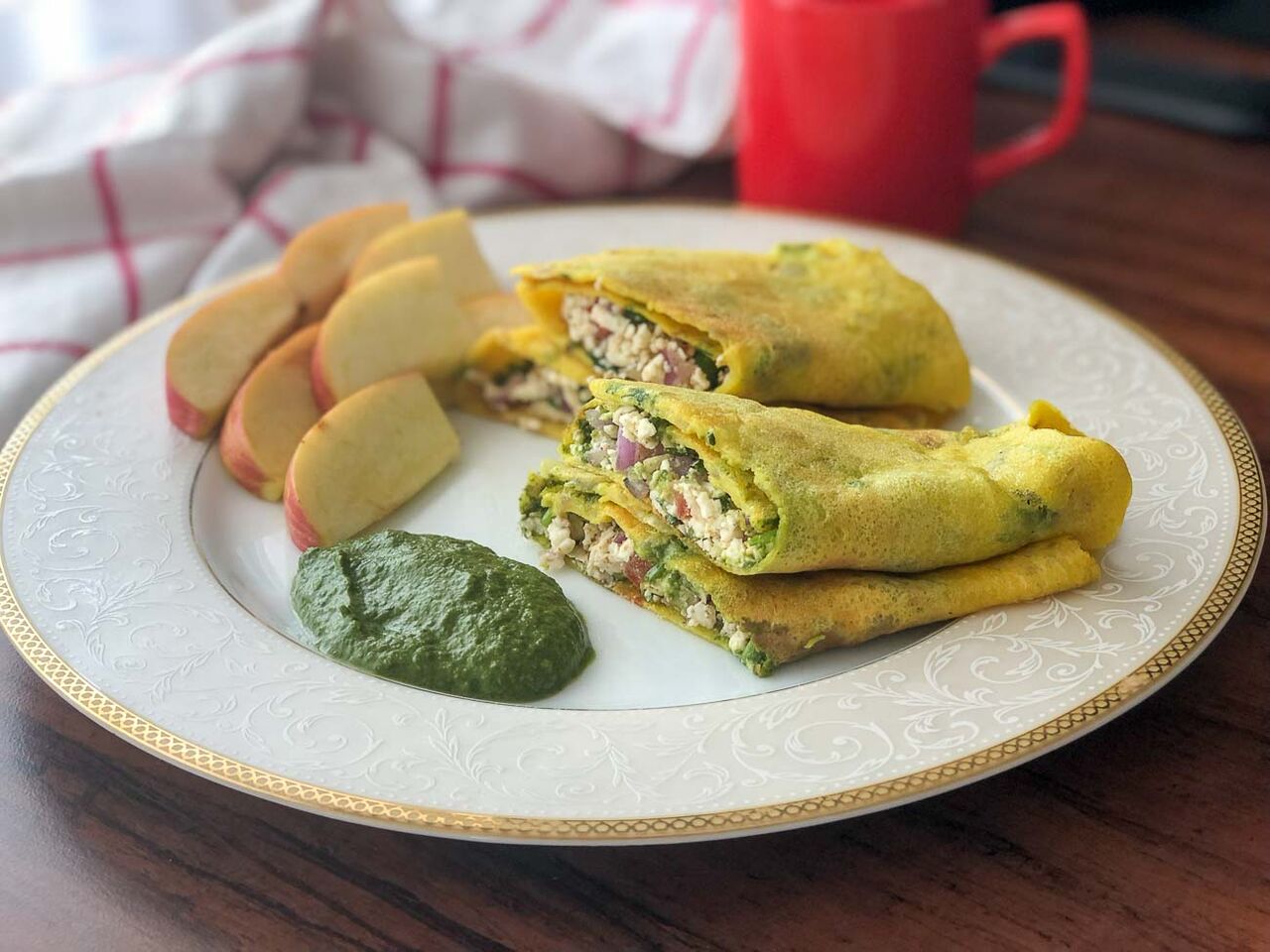 Try This High Protein Breakfast Moong Dal Cheela With Paneer Green Chutney Fruits By Archana S Kitchen