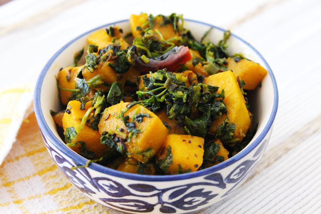 Methi Kumro Recipe - Bengali Style Fenugreek Leaves and Pumpkin Stir Fry