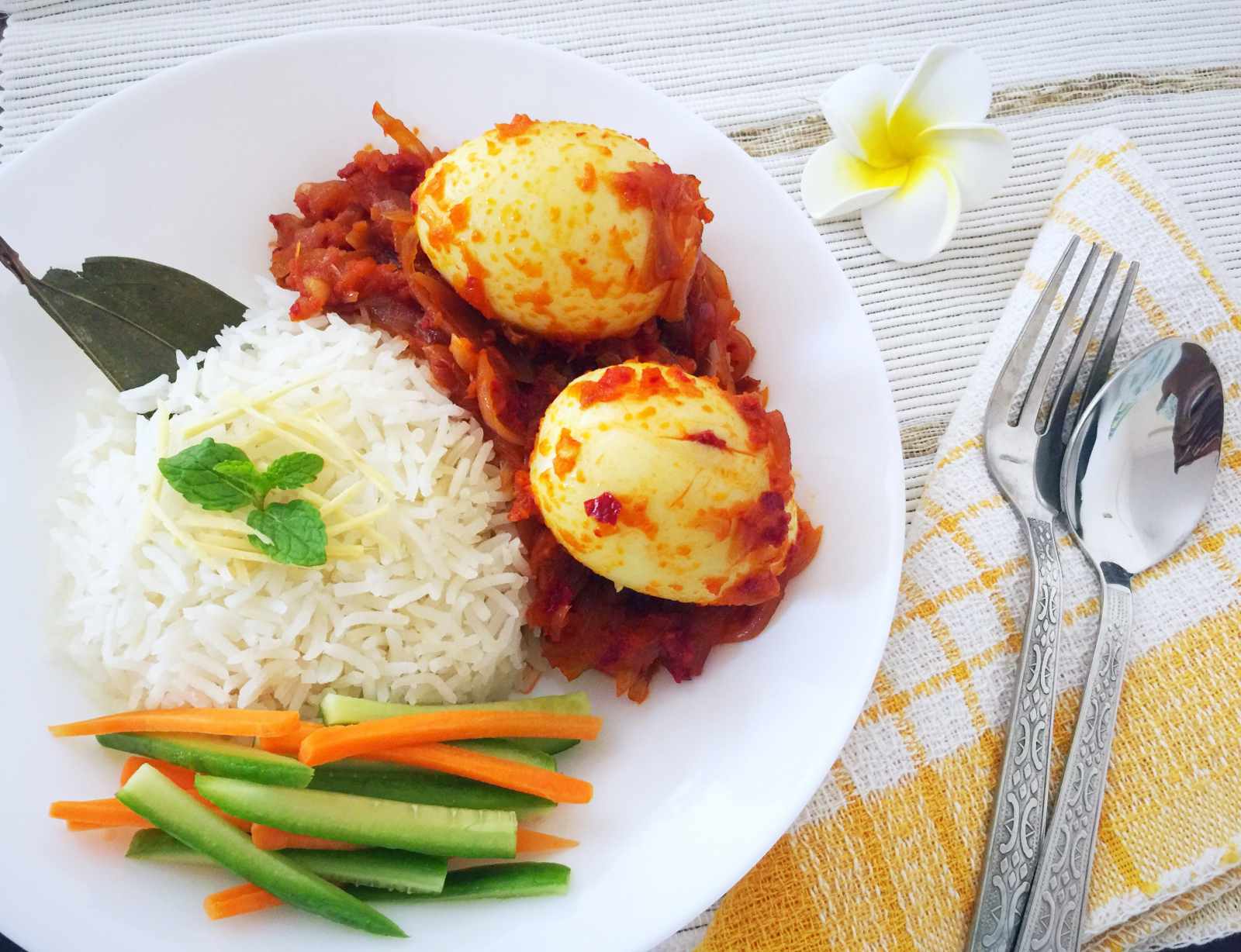 Sambal Telor with Nasi Uduk Recipe (Indonesian Style Eggs Cooked in Sambal and Lemongrass Coconut Rice)