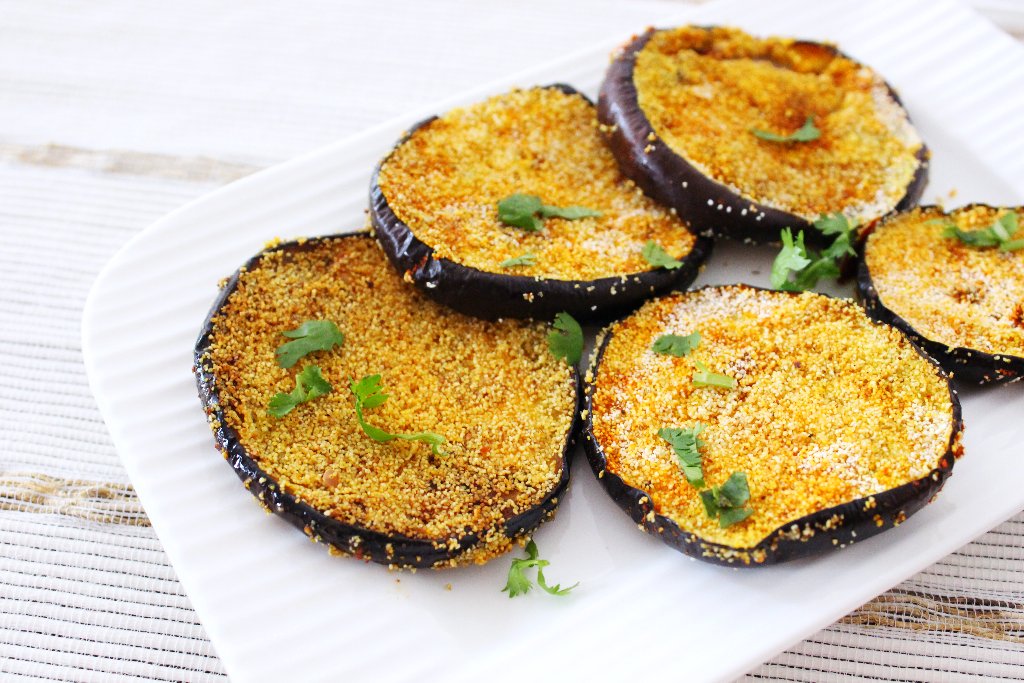 Konkani Style Vaingana Kaap Recipe - Shallow Fried Eggplant With Semolina