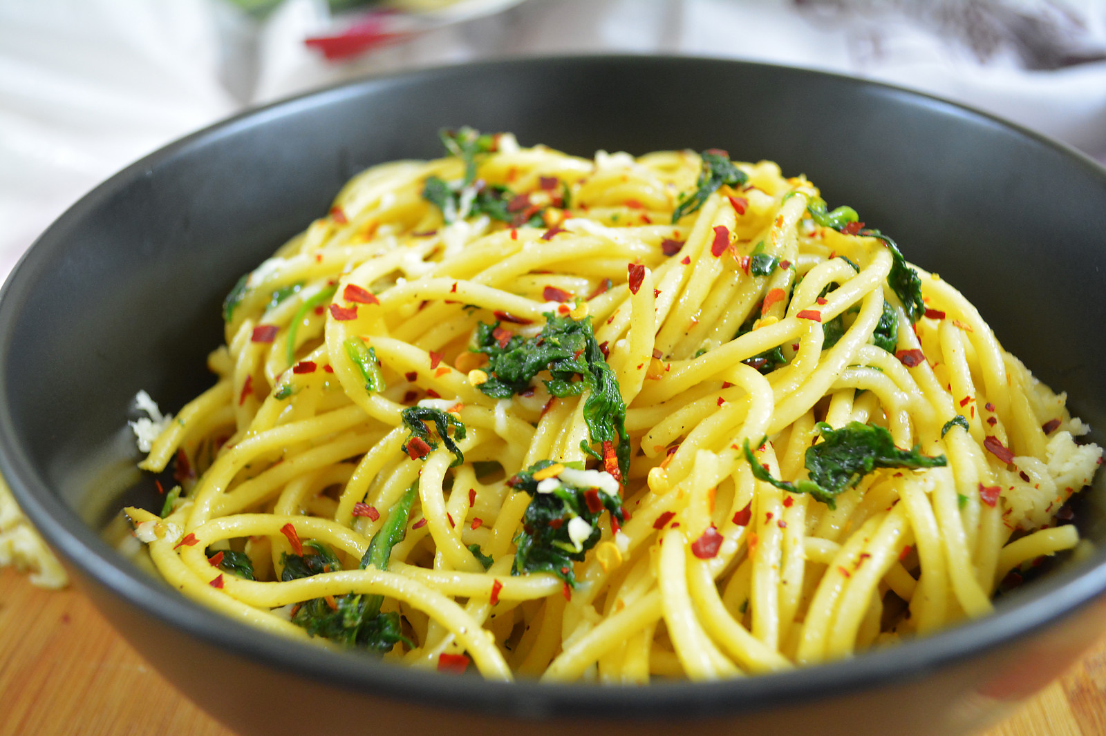 Spaghetti Aglio Olio With Parmesan & Greens Recipe