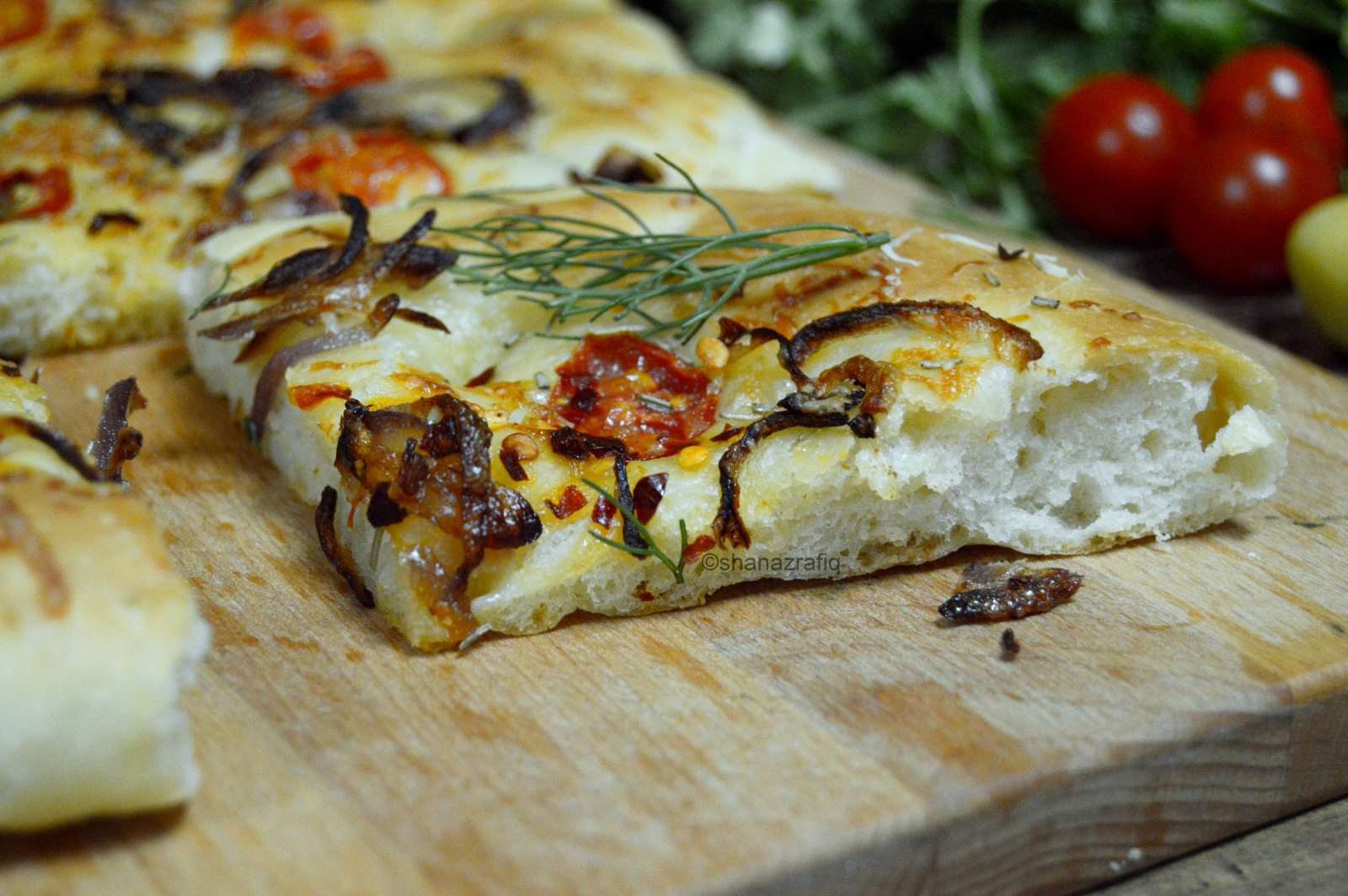 Focaccia With Cherry Tomatoes & Caramelized Onion Recipe