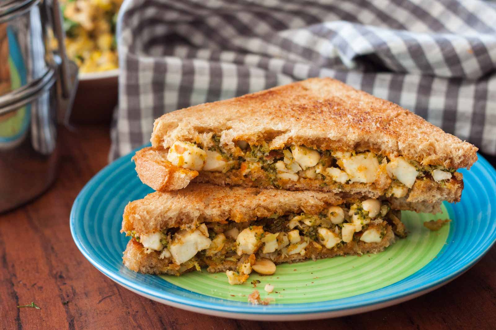 Broccoli, paneer and peanut sandwich