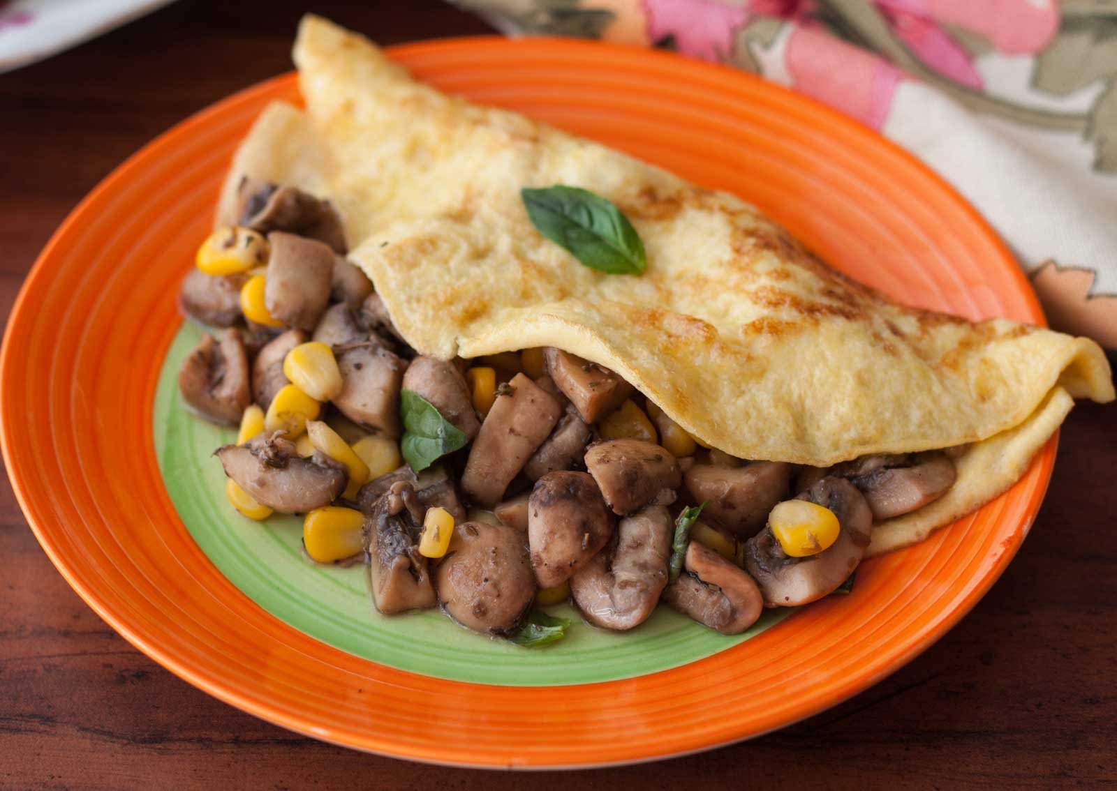 Mushroom Corn & Basil Stuffed Omelette Recipe