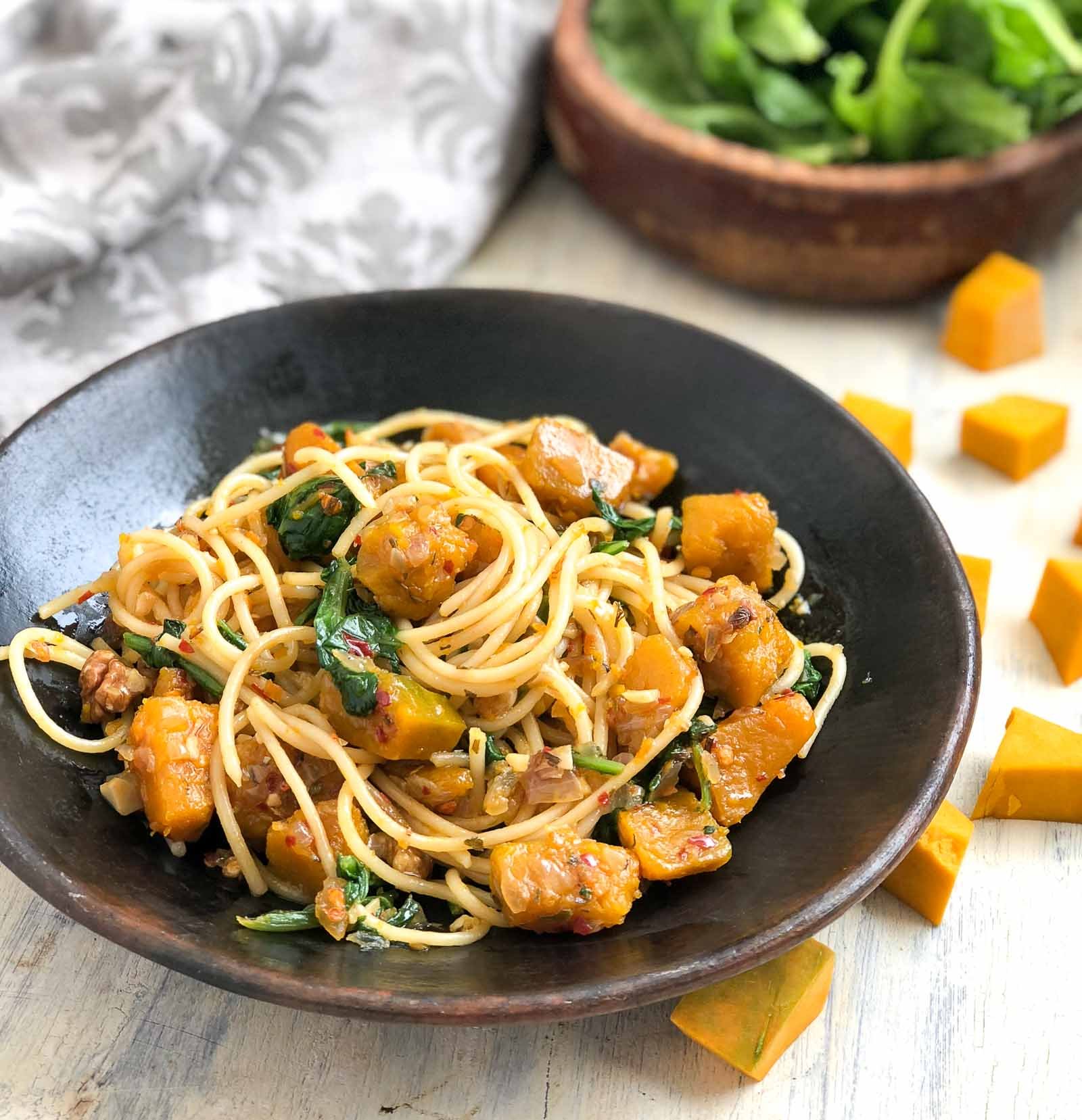 Roasted Pumpkin Spinach and Walnut Spaghetti Recipe