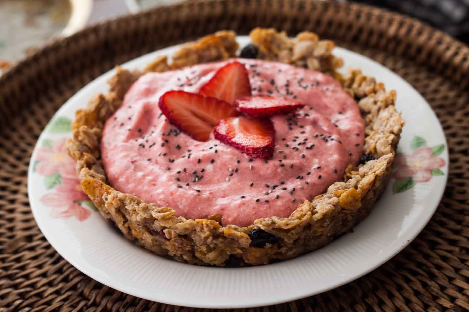 Baked Muesli Tart with Strawberry Yogurt and Chia Seeds Recipe 