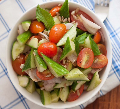 Cherry Tomato Cucumber Onion Salad In Red Wine Vinaigrette