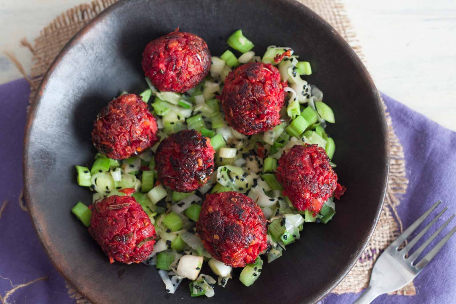 Beetroot and Carrot Veg balls with sautéed leek Recipe Beetroot and Carrot Veg balls with sautéed leek Recipe