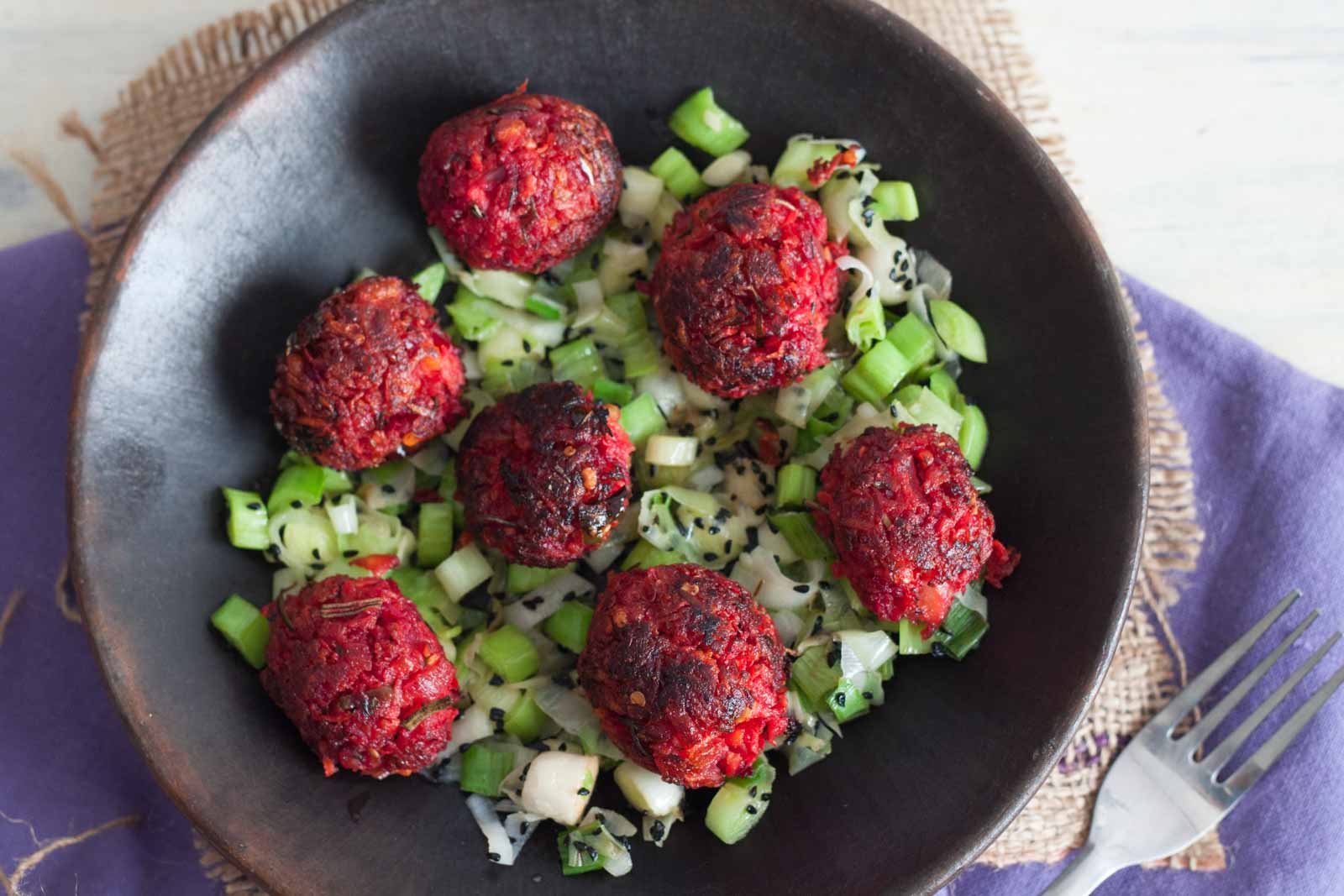 Beetroot and Carrot Veg balls with sautéed leek Recipe 