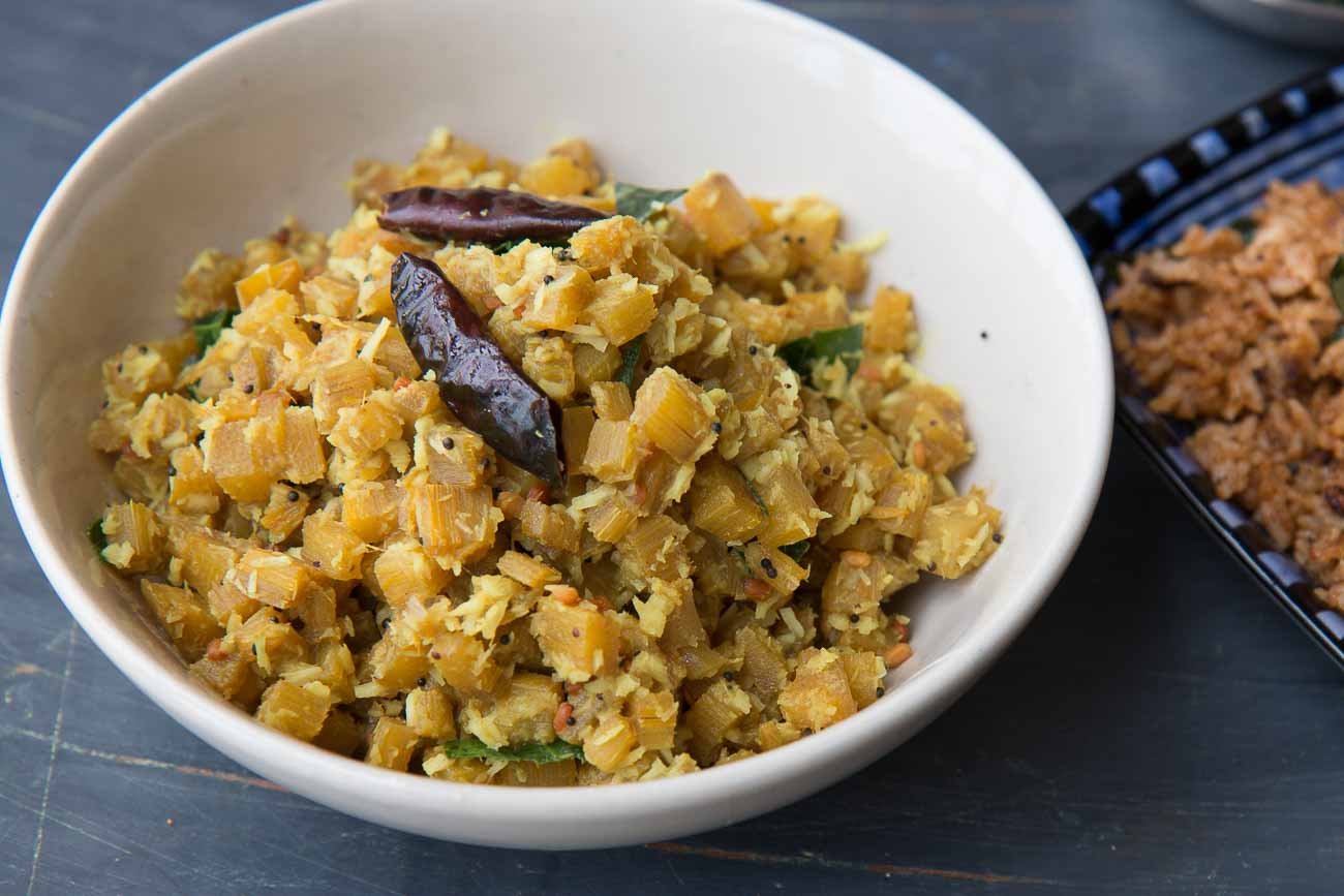 South Indian Style Vazhaithandu Poriyal Recipe - Banana Stem Curry with No Onion and No Garlic