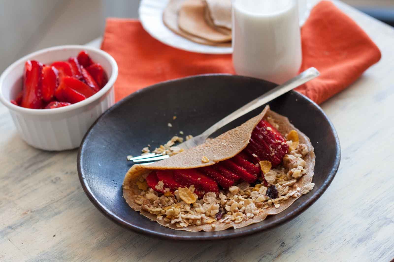 Whole Wheat And Ragi Crepe With Muesli And Strawberry Recipe 