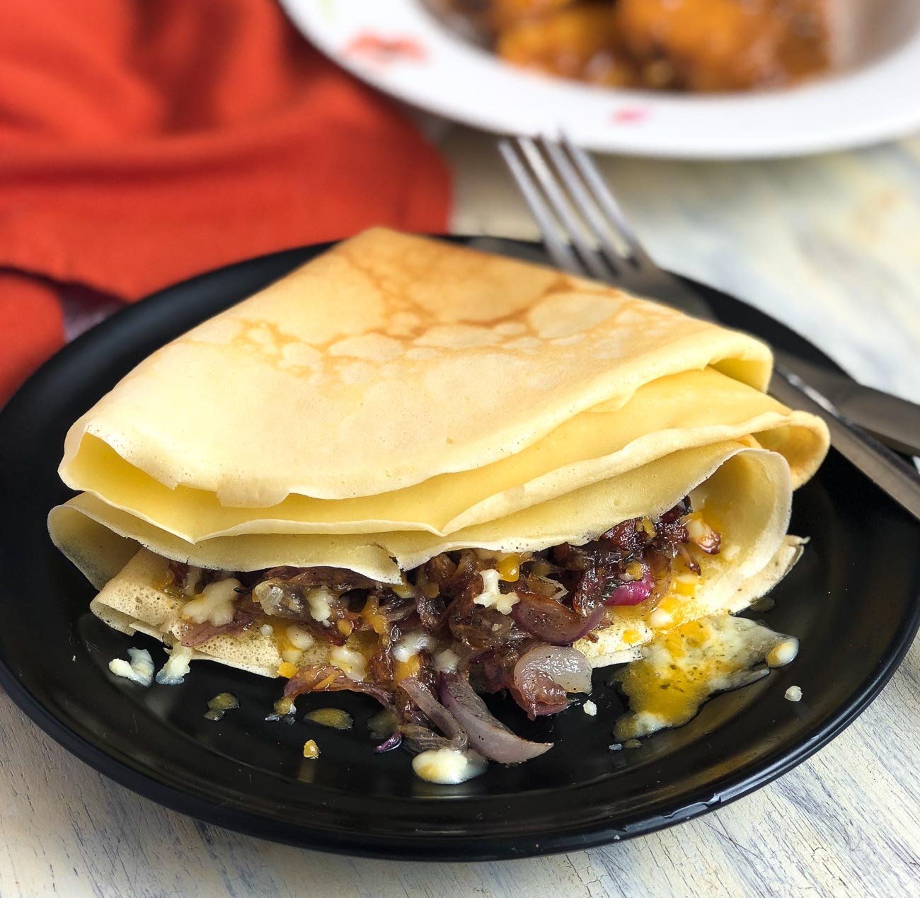 Bacon, Caramelised Onions And Cheese Crepes Recipe 